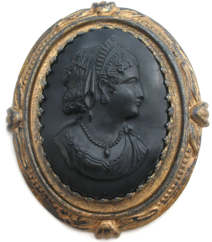 Vintage Black Cameo Brass Brooch Pin