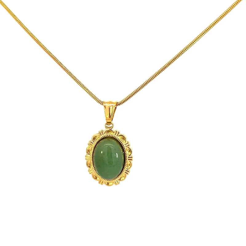 Shiny crystal necklaces-GOLD PLATED OVAL GREEN AVENTURINE PENDANT WITH SNAKE CHAIN