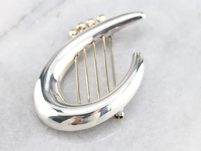 Vintage Silver and Gold Harp Brooch