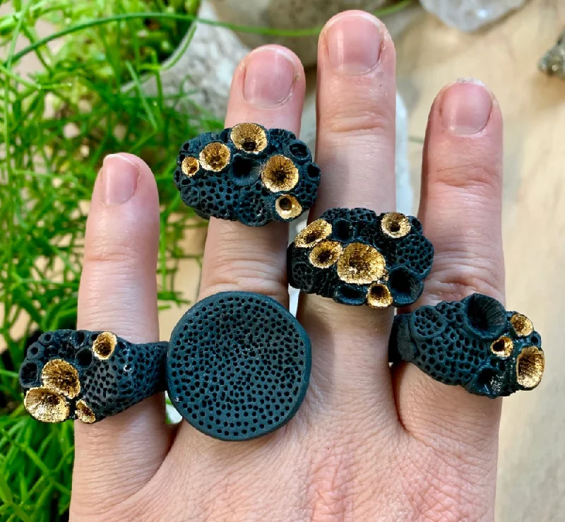 Thin accent rings-Black porcelain + gold lustre ‘rock coral’ ring, choose a size