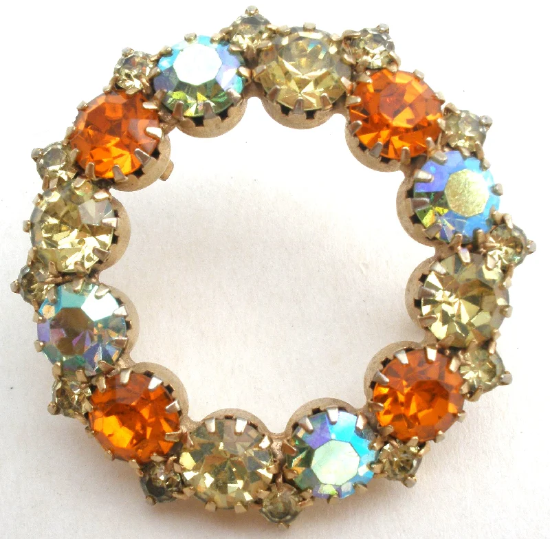 Orange & Gold Rhinestone Wreath Brooch Vintage