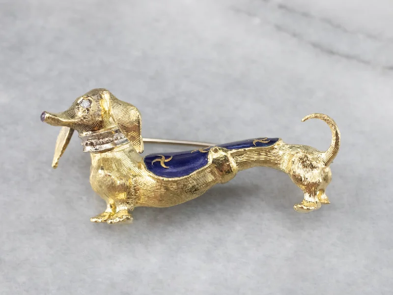 Dachshund Diamond and Enamel Brooch