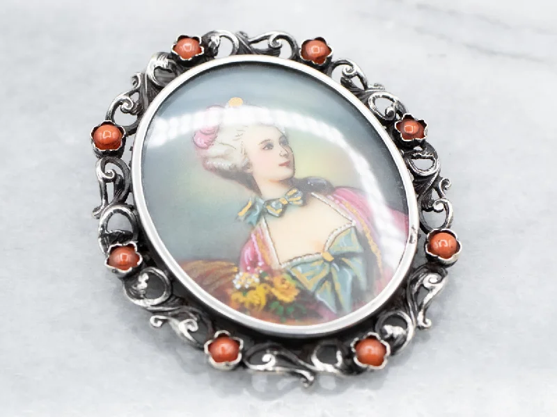 Vintage Coral Painted Portrait Brooch or Pendant