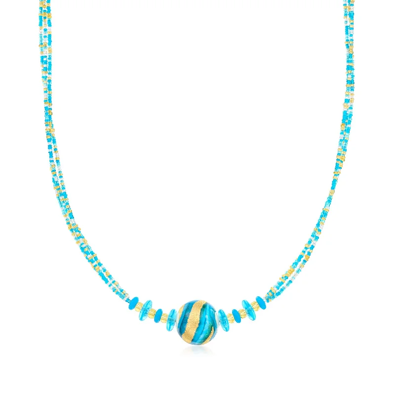 Tide pattern necklaces-Ross-Simons Italian Blue and Gold Murano Glass Bead Necklace With 18kt Gold Over Sterling