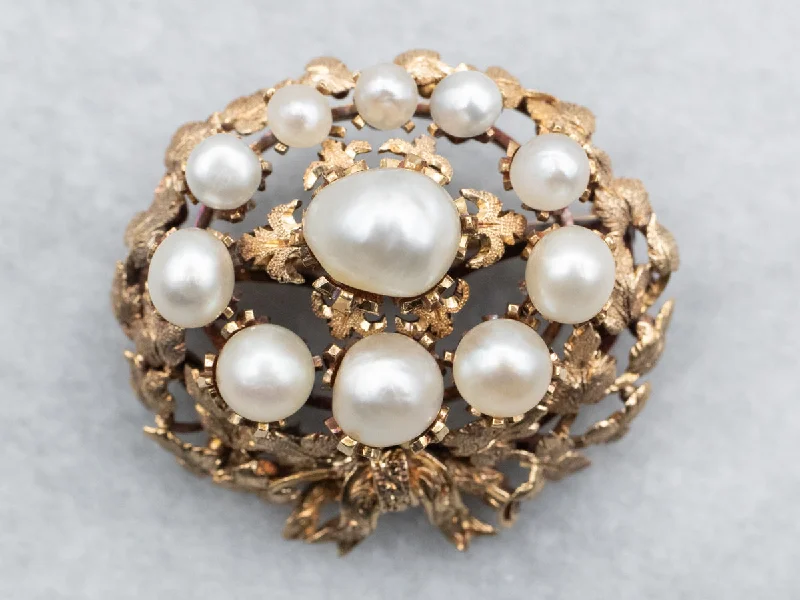 Yellow Gold Pearl Cluster Botanical Brooch