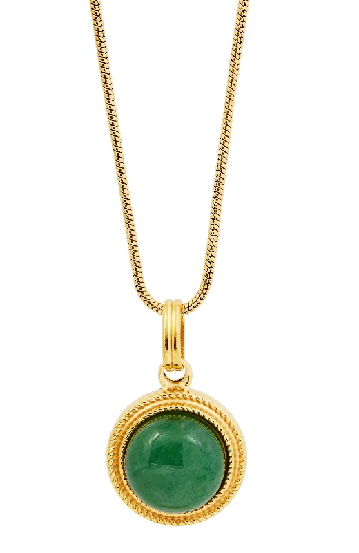 Cedar wood necklaces-GOLD PLATED  ROUND GREEN AVENTURINE PENDANT WITH SNAKE CHAIN