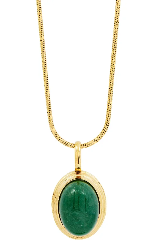 Half moon necklaces-GOLD PLATED OVAL GREEN AVENTURINE PENDANT WITH SNAKE CHAIN