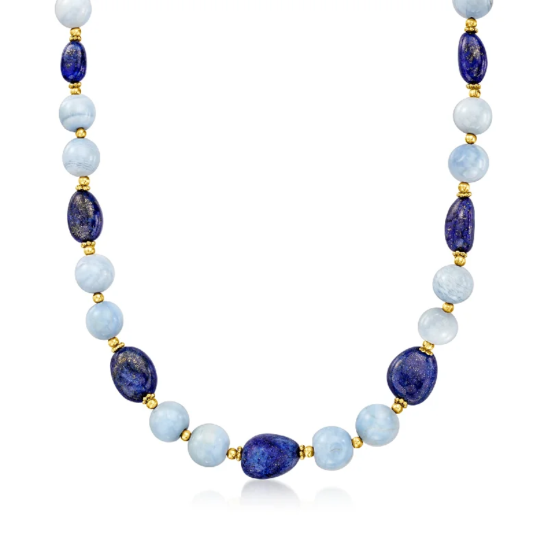 Sharp-line necklaces-Ross-Simons 6-11x10-15mm Lapis and 10-11mm Blue Opal Bead Necklace in 18kt Gold Over Sterling