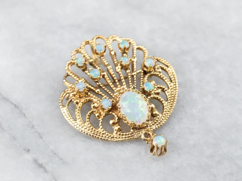 Ornate Opal Gold Filigree Brooch Pendant