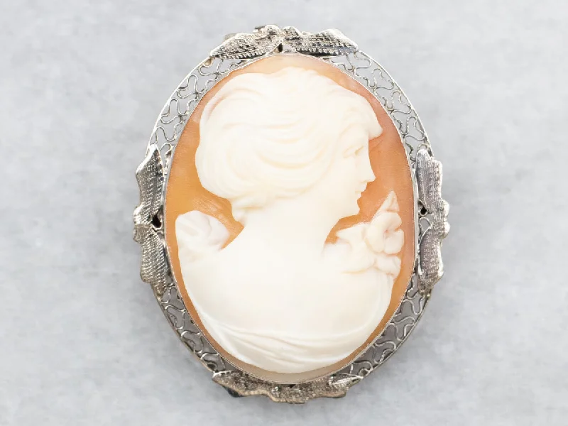 White Gold Oval Cut Cameo Brooch or Pendant