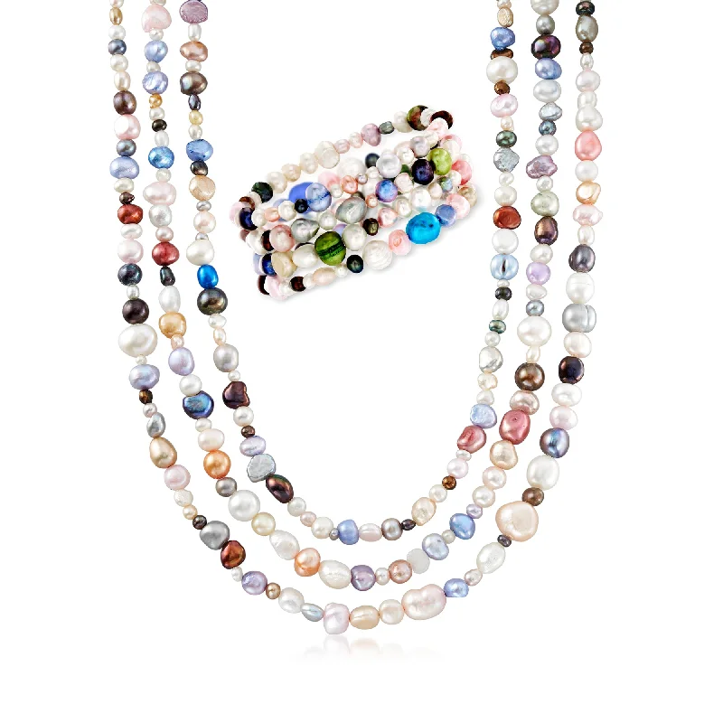 Polished bead necklaces-Ross-Simons 4-8mm Multicolored Cultured Pearl Jewelry Set: 4 Bracelets and Necklace