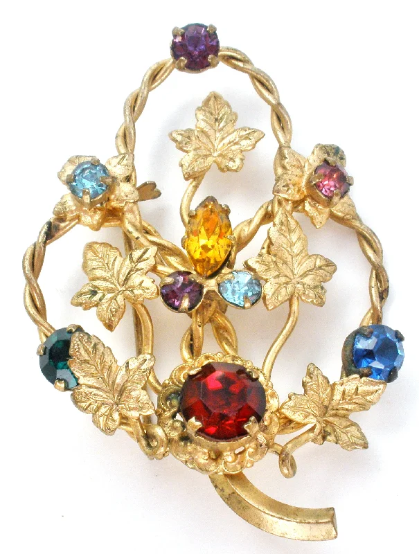 Multi Color Rhinestone Leaf Brooch Vintage