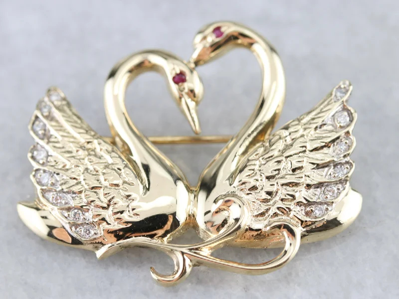 Diamond Love Swans Brooch