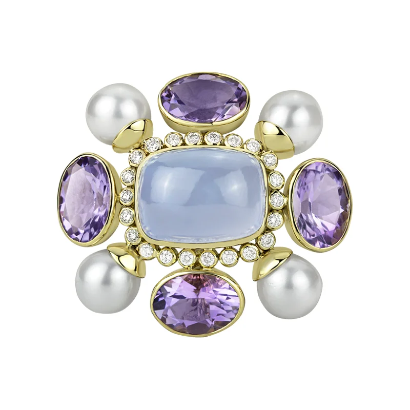 Brooch- Amethyst, Chalcedony, Pearl And Diamond (1468F)