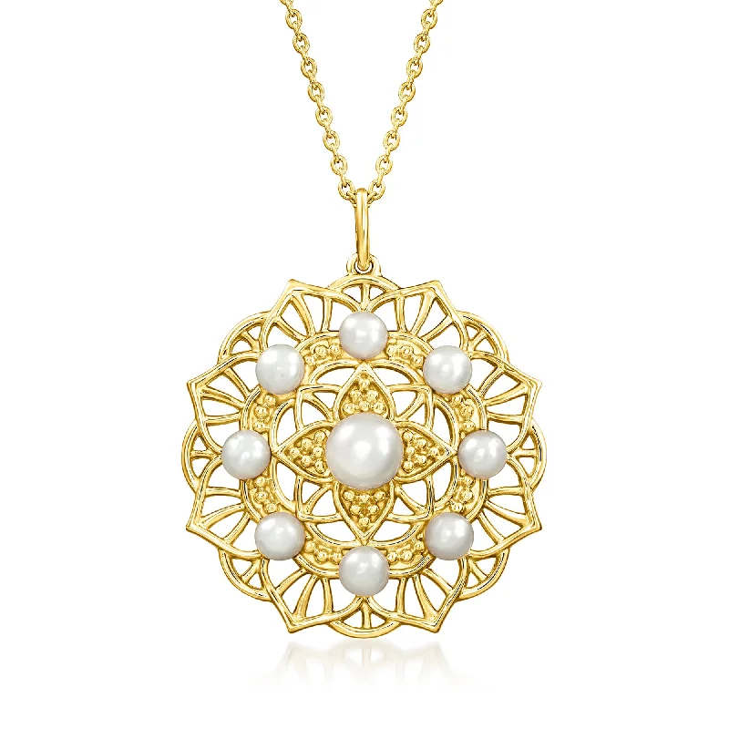 Retro medallion necklaces-Ross-Simons 3.5-6mm Cultured Pearl Floral Filigree Pendant Necklace in 18kt Gold Over Sterling