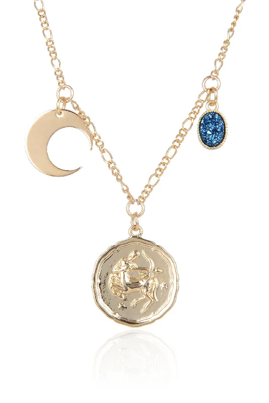 Aged silver necklaces-Zodiac Druzy Moon Necklace: Sagittarius