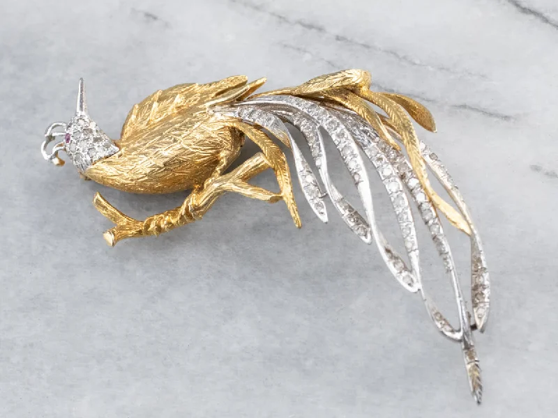 Diamond Bird Gold Platinum Statement Brooch