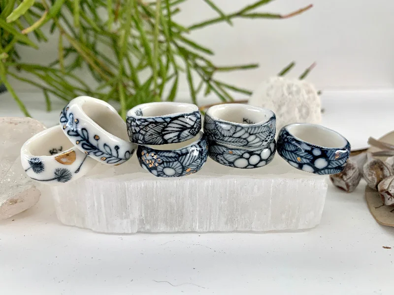 Oval shape rings-One blue and white ‘seafoam’ band ring