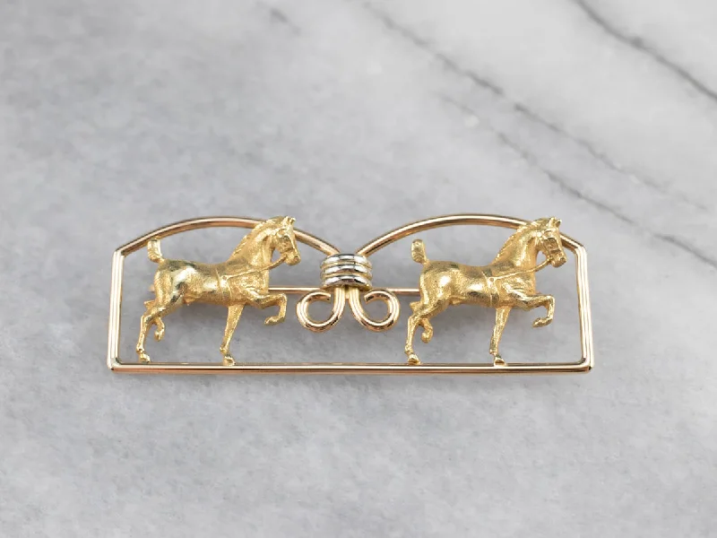 Two Tone Gold Double Horse Brooch