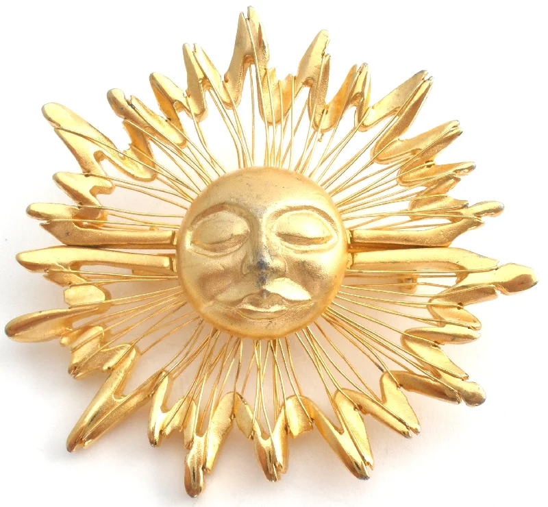 Sun Face Brooch Gold Tone Pin Vintage