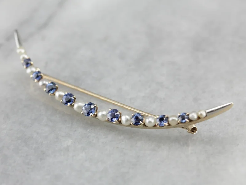 Vintage Sapphire and Pearl Crescent Moon Brooch