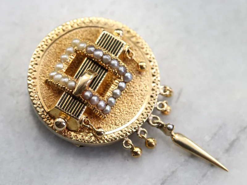 Seed Pearl Gold Medallion Brooch