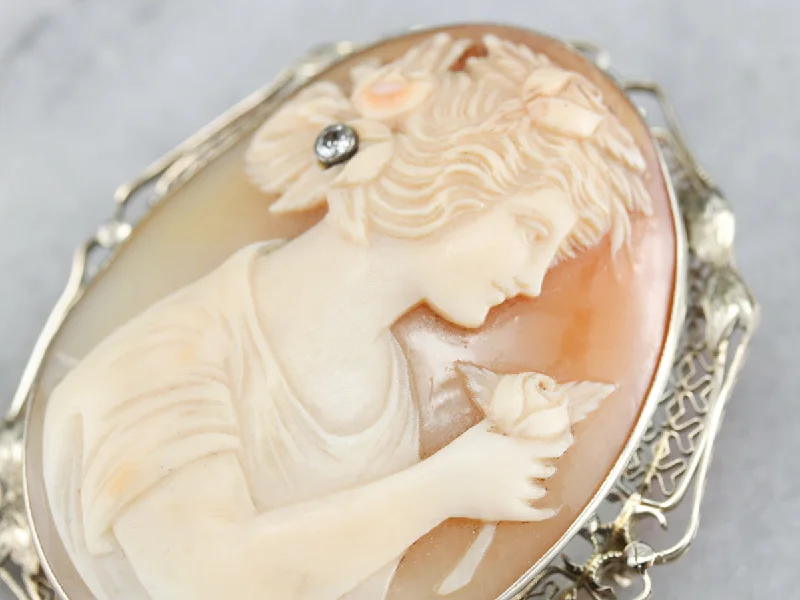 Art Deco Girl with Diamond Rose Cameo Brooch