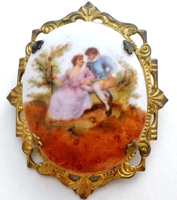 Romantic Couple Miniature Portrait Brooch Vintage