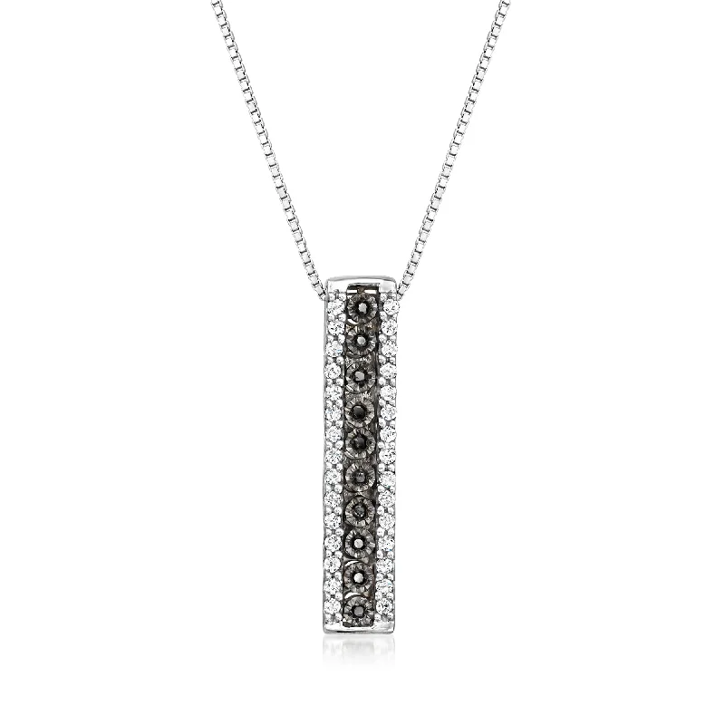 Sleek bar necklaces-Ross-Simons Black and White Diamond Linear Bar Pendant Necklace in Sterling Silver