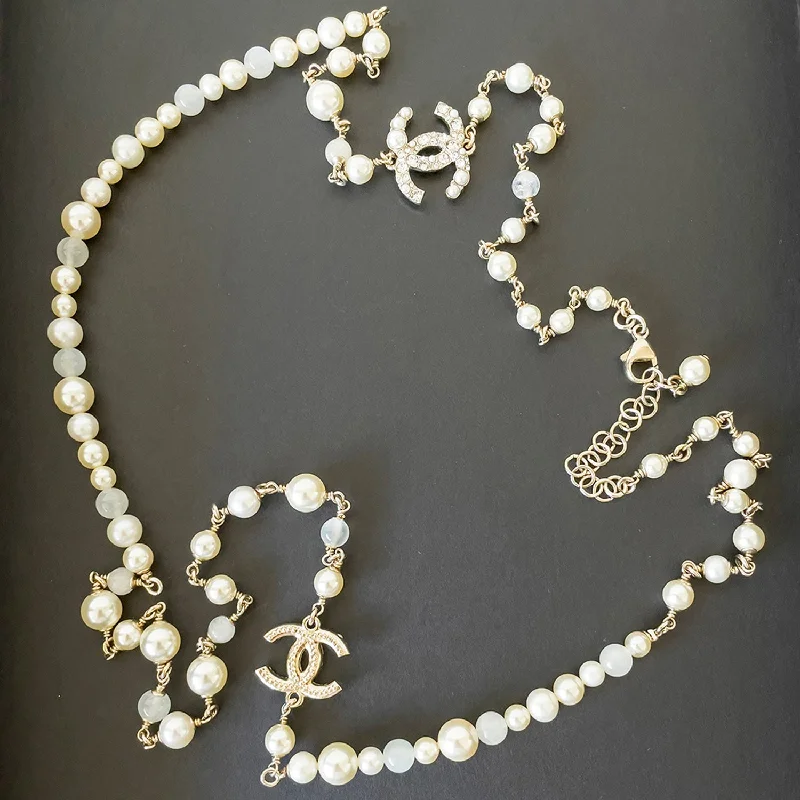 Vivid gem necklaces-Chanel White Pearl Long Necklace