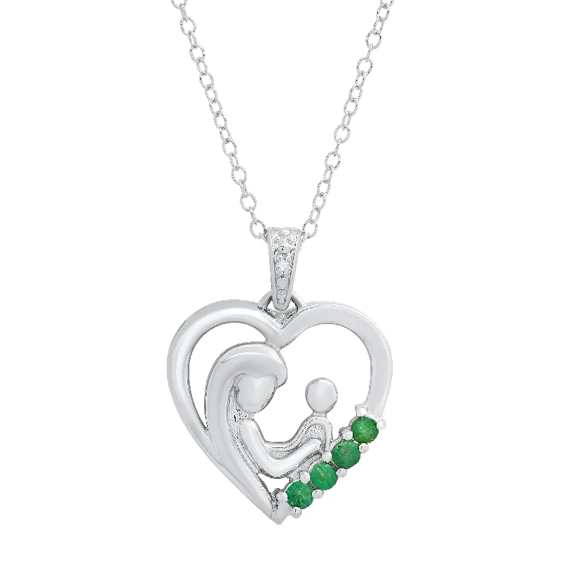 Agate gem necklaces-Sterling Silver Promo Emerald & Diamond Accent Mother & Child Necklace Pendant