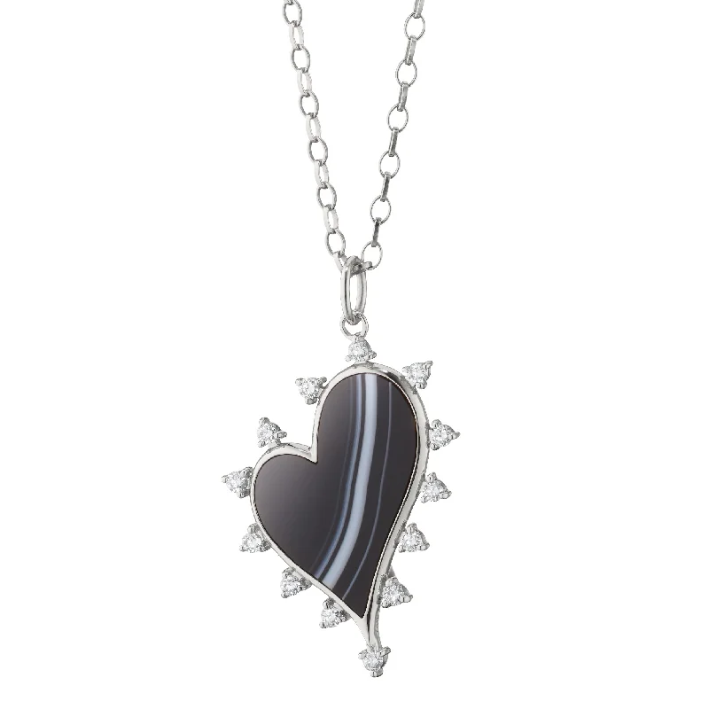 Glossy enamel necklaces-Large Black Agate Heart Necklace with White Sapphires