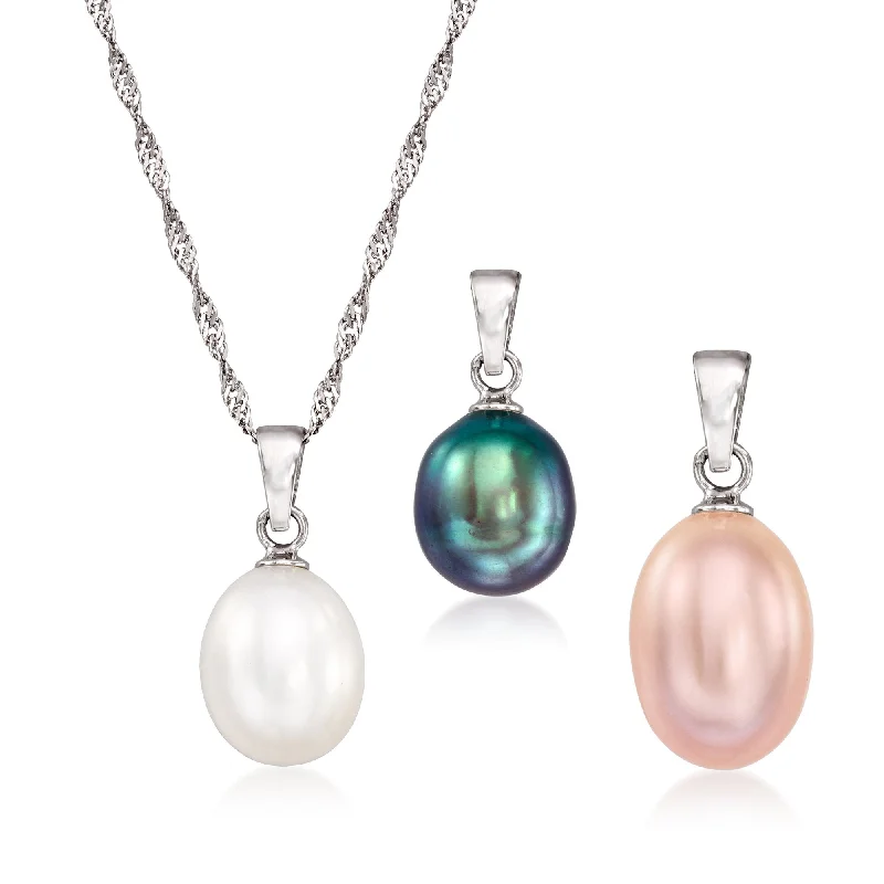 Corded link necklaces-Ross-Simons 8-9mm Cultured Multicolored Pearl Set: 3 Pendants With Necklace in Sterling Silver