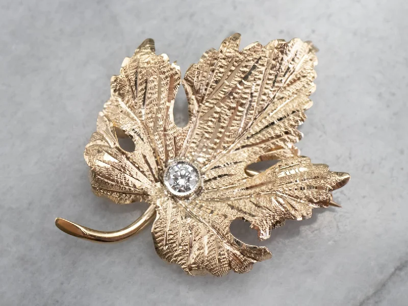 Gold Diamond Grape Leaf Brooch