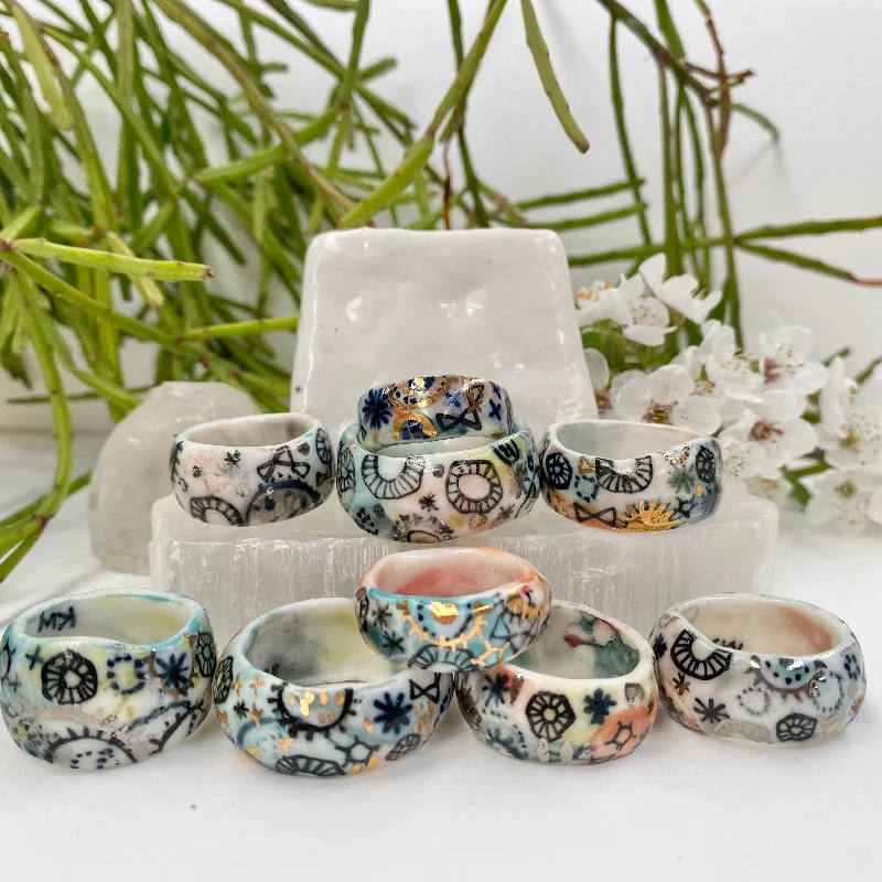 Aged bronze rings-‘Stars and Cells’ Porcelain Rings ~ Choose Your Size