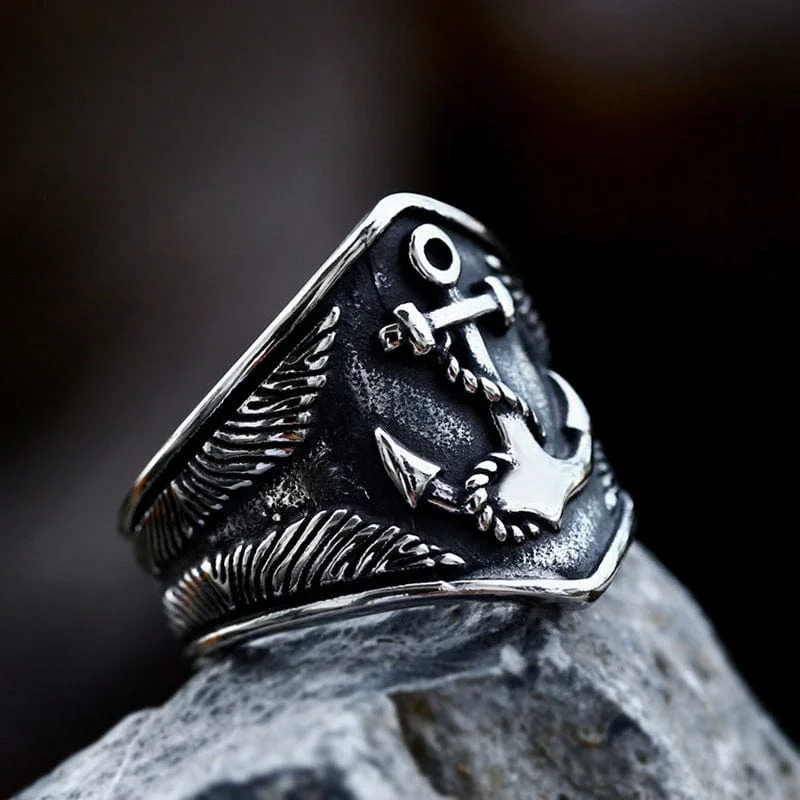 Leaf carved rings-Men's Punk Viking Anchor Ring