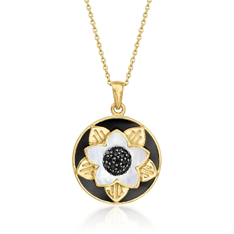 Onyx drop necklaces-Ross-Simons Onyx, Mother-Of-Pearl and . Black Spinel Flower Pendant Necklace in 18kt Gold Over Sterling