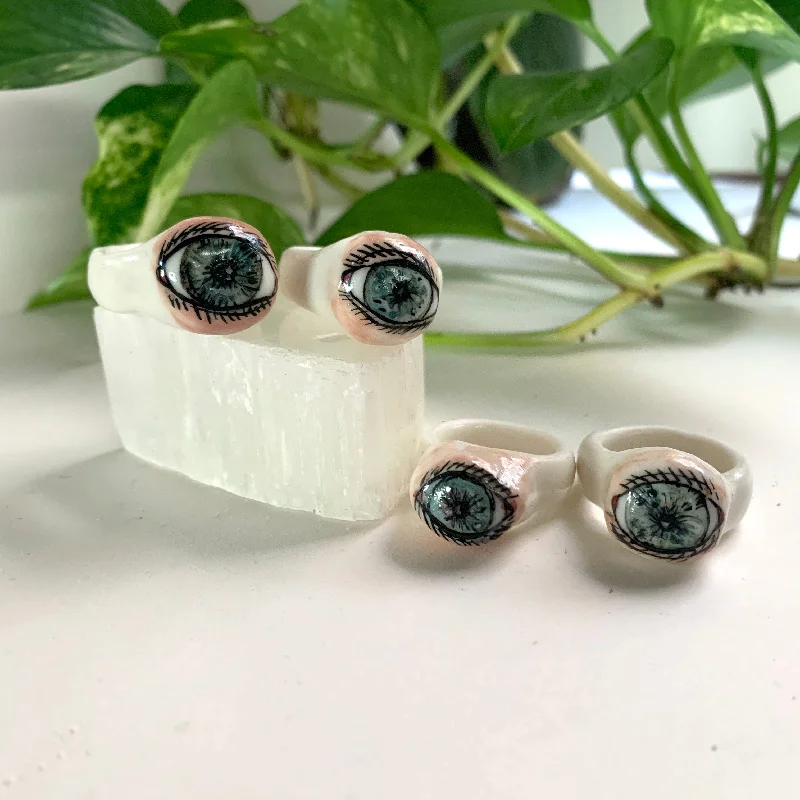 Leaf carved rings-Hand painted porcelain‘the protective eye’ ring, choose a size