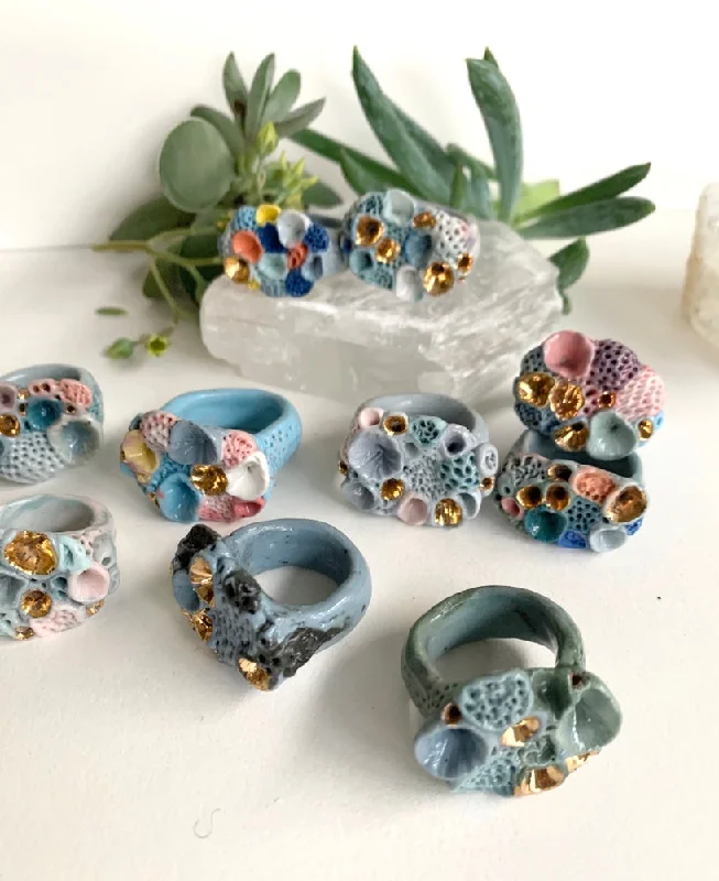 Worn lock rings-One Blue tones ‘rock coral’ porcelain ring