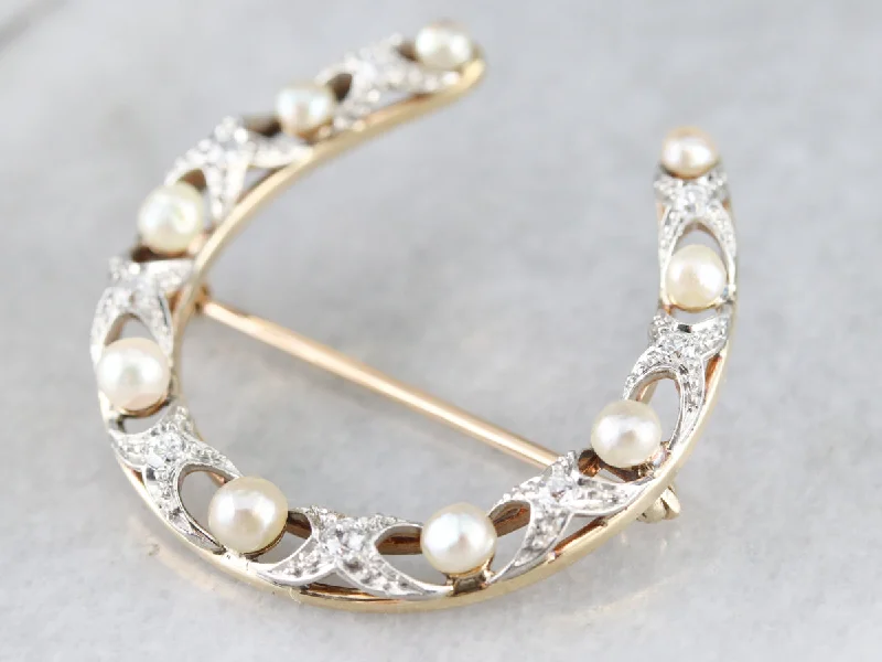 Old Mine Cut Diamond and Pearl Horseshoe Brooch