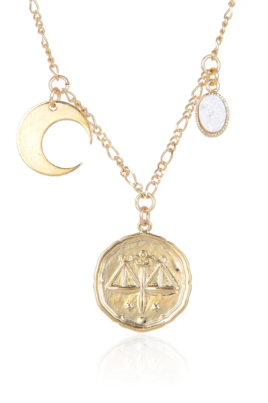 Fine drop necklaces-Zodiac Druzy Moon Necklace: Libra