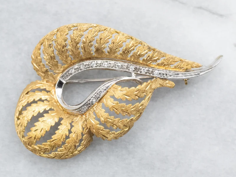 Yellow and White Gold Leaf Brooch with Diamond Accents