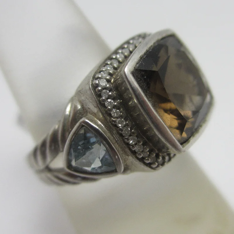 Worn flair rings-Smokey Quartz Blue Topaz Sterling Silver Ring Vintage c1980