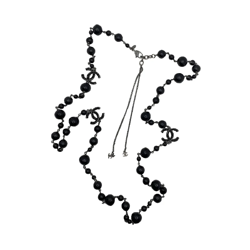 Heavy bib necklaces-Chanel Black Bead Long Necklace