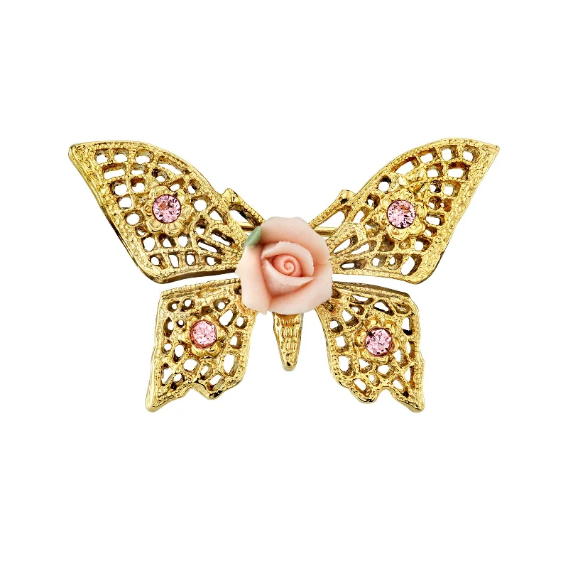 1928 Jewelry® Gold-Tone Pink Crystal And Porcelain Rose Butterfly Brooch