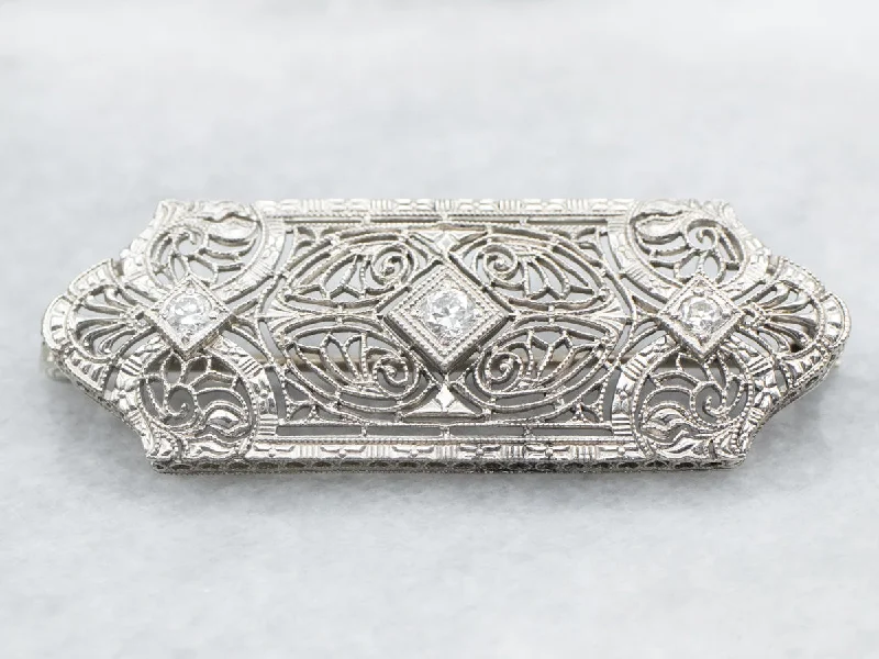 White Gold Art Deco European Cut Diamond Brooch