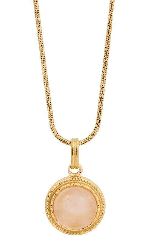 Snap clasp necklaces-GOLD PLATED ROUND ROSE QUARTZ PENDANT WITH SNAKE CHAIN