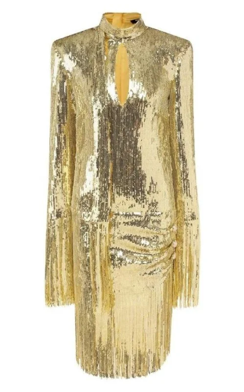 Joy charm rings-Fringed Gold Sequined Midi Dress