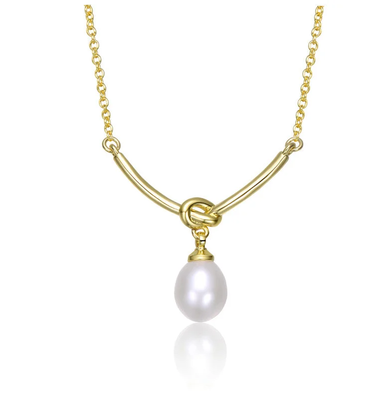 Yarn tassel necklaces-Sterling Silver 14K Gold Plated with White Egg Shapped Freshwater Pearl Y-Shapped Necklace