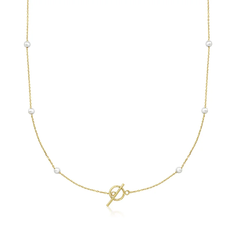 Tiered chain necklaces-RS Pure by Ross-Simons 3-4mm Cultured Pearl Station Toggle Necklace in 14kt Yellow Gold